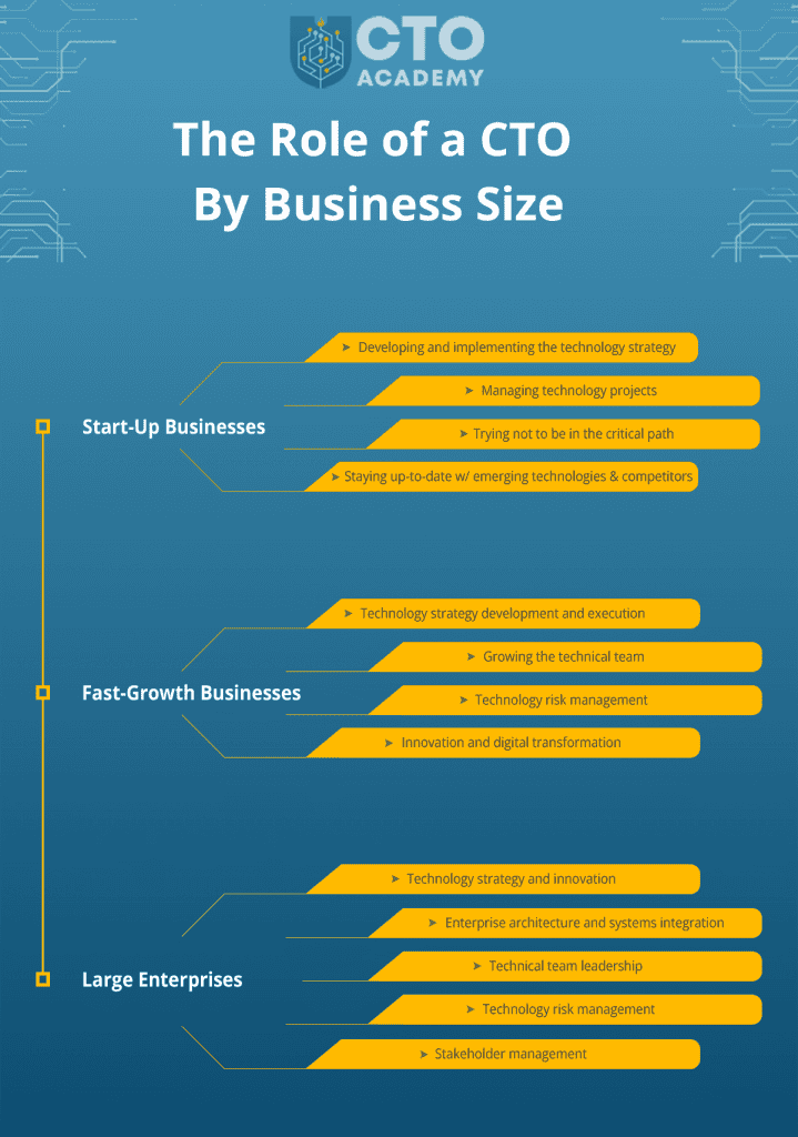Role of a Chief Technology Officer By Business Size (click to download) Infographic summaries of the role of a chief technology officer by business size