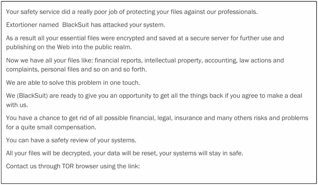 The BlackSuit ransome note (click to enlarge/download) The BlackSuit ransome note sent to CDK Global during the ransomware attack