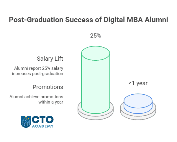 CTO Academy Tech MBA post-graduation ROI - visual presentation of reported salary increase and average promotion time