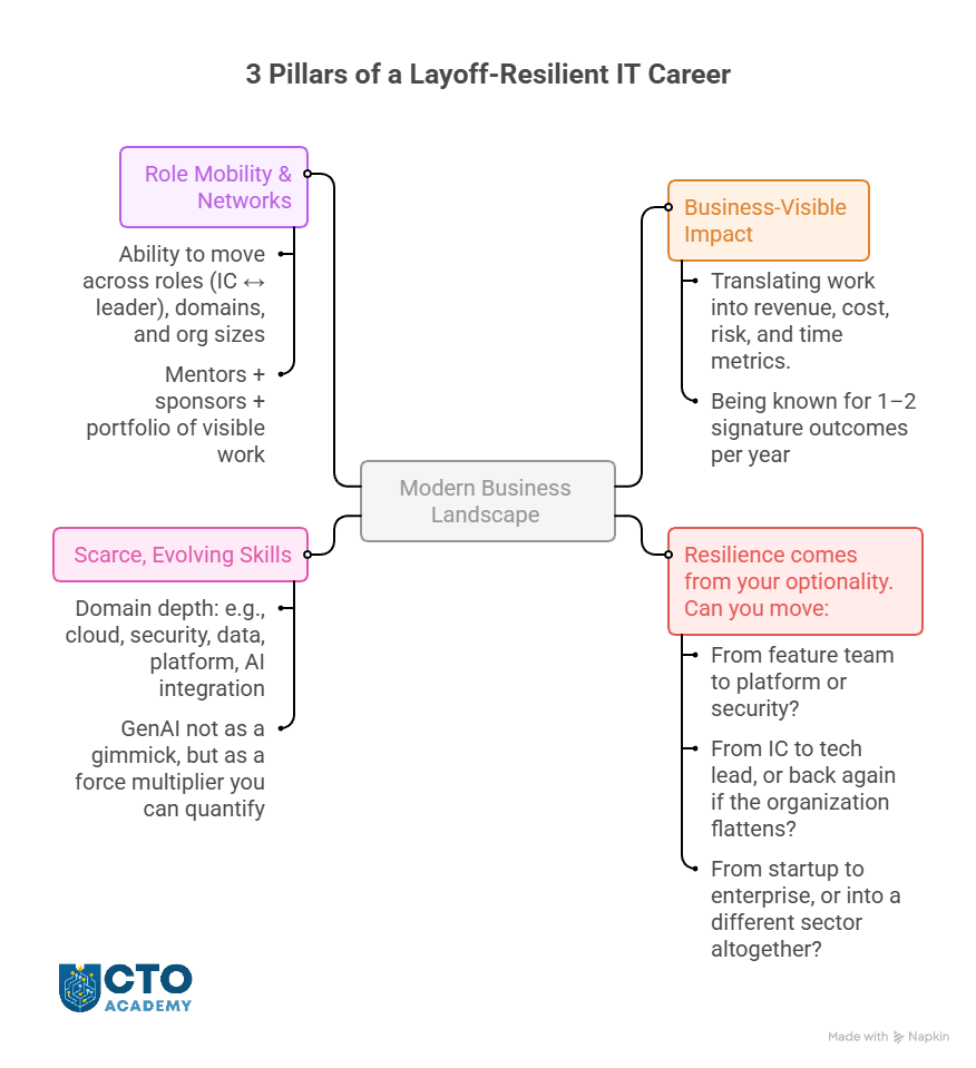 3 Pillars of a Layoff-Resilient IT Career Path - visual mindmap of pillars with explanations (click to enlarge/download) 3 Pillars of a Layoff-Resilient IT Career Path - visual mindmap of pillars with explanations